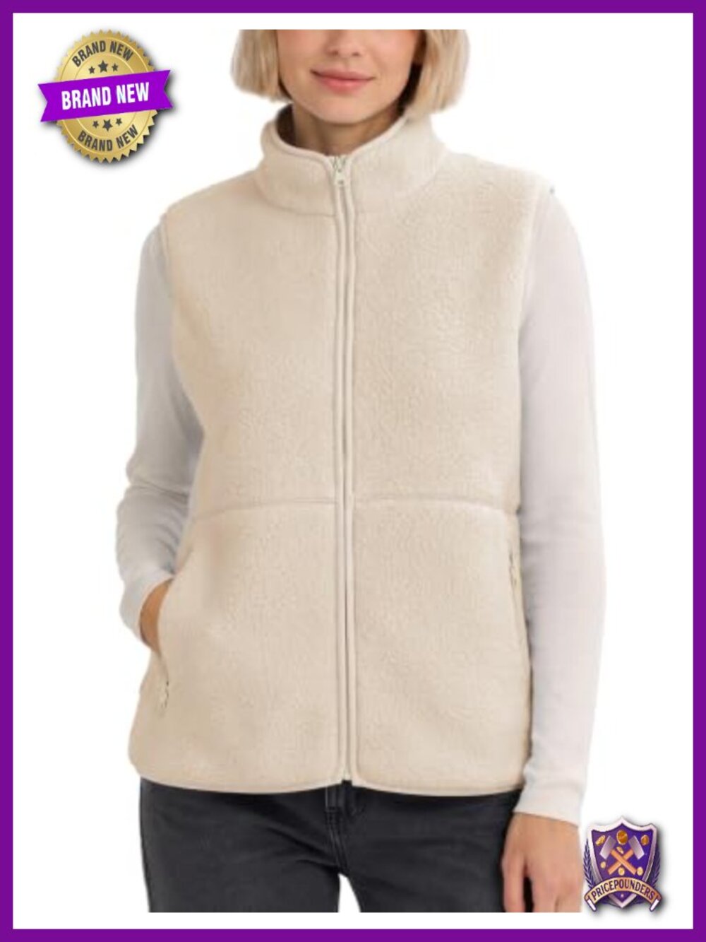 Faux Shearling Zip-Up Vest Mock Neck Sleeveless Warm